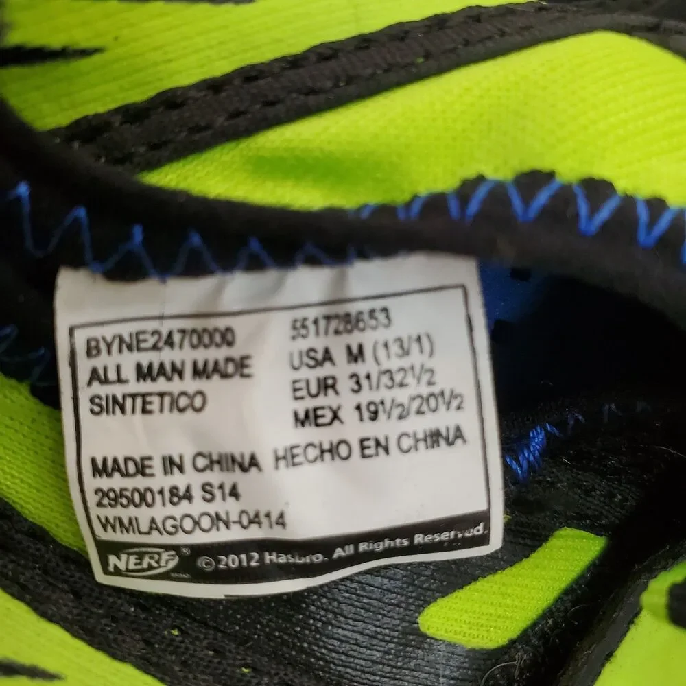 Nerf Youth Toed Water Aqua Shoes Size 13/1 Black Neon Green Swim Beach Kids New
